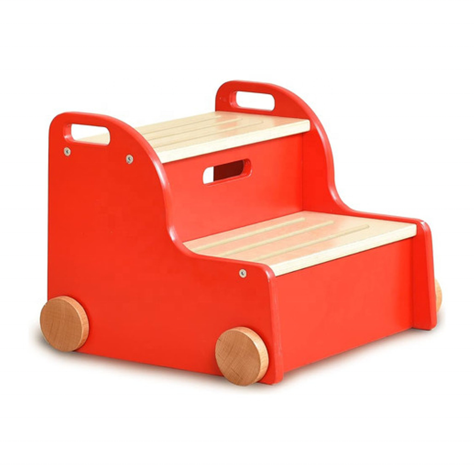 Popular Red Toy Car Step Stool Multi-purpose Children's Step Stool Natural Pine Wood Step Stool Footstool with Storage