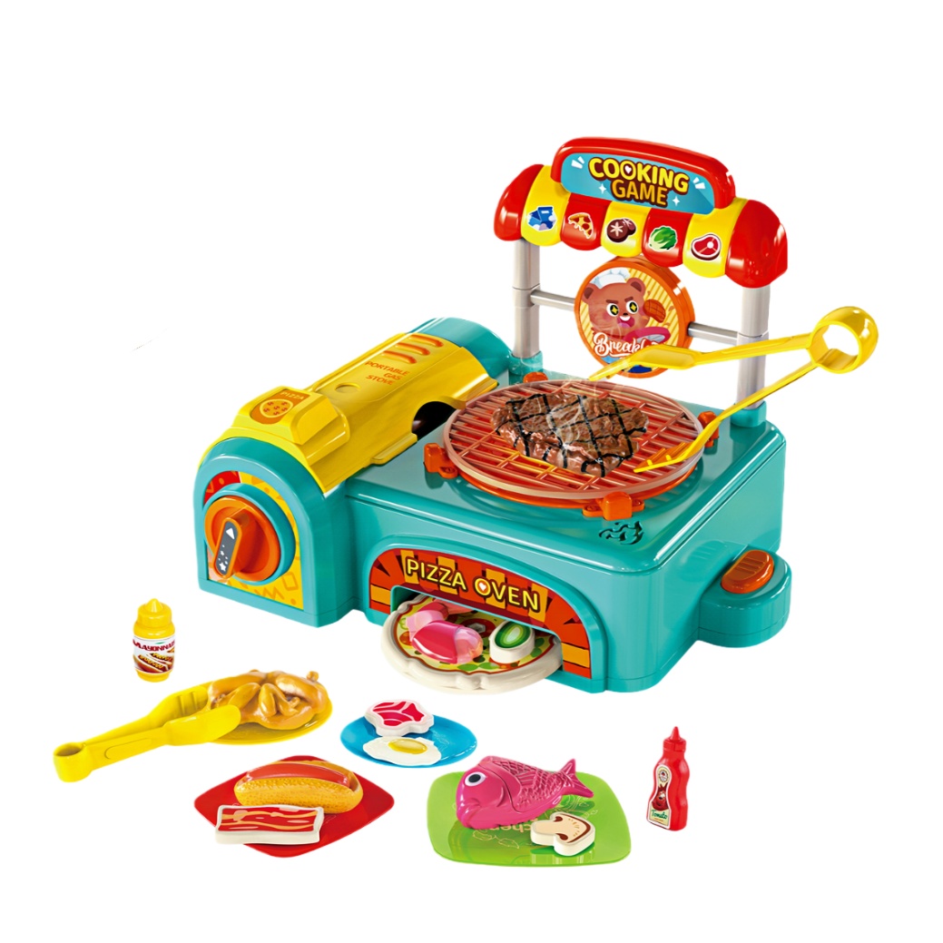 Pretend Play Preschool Montessori DIY Pizza Barbecue Grill Electric Cartridge Stove Kitchen Toy with Light & Music